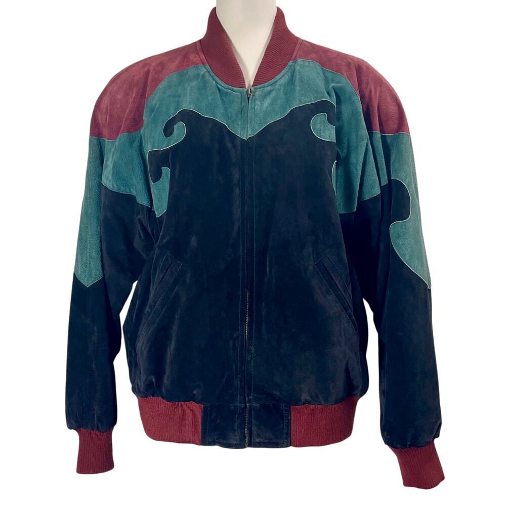 Vintage 90s SSATORI Colorblock Suede Jacket Western Bomber Jacket Women's Medium